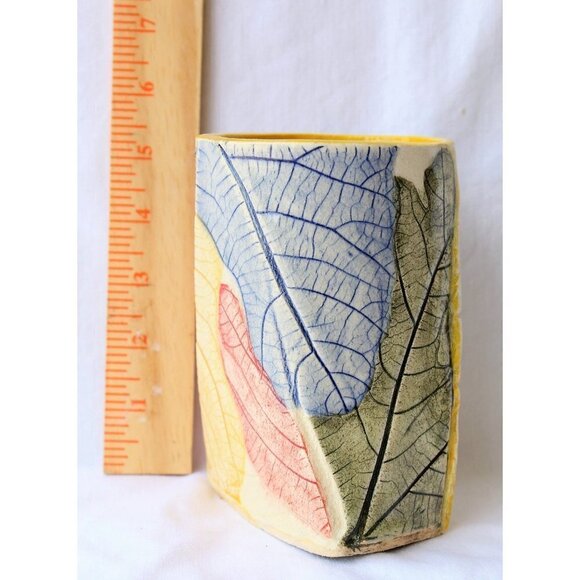 Handmade Ceramic Multicolor Pencil Holder Organic Shape leaf texture Vase unique - Picture 2 of 10